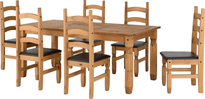 CORONA 6' DINING SET Distressed Waxed Pine/Brown Faux Leather