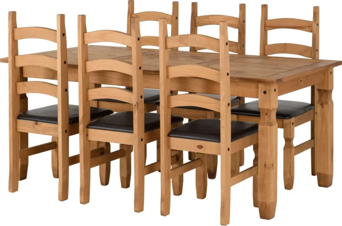 CORONA 6' DINING SET Distressed Waxed Pine/Brown Faux Leather