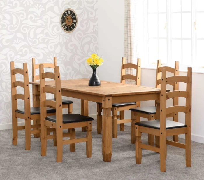 CORONA 6' DINING SET Distressed Waxed Pine/Brown Faux Leather