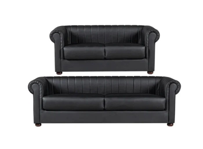 Chesterfield Leather Sofa Set In Black And Grey