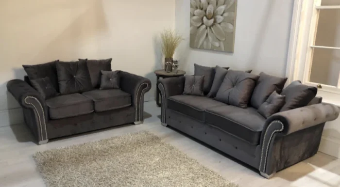 Burton Grey Plush Velvet 3+2 Seater Sofa Set With Button Arms