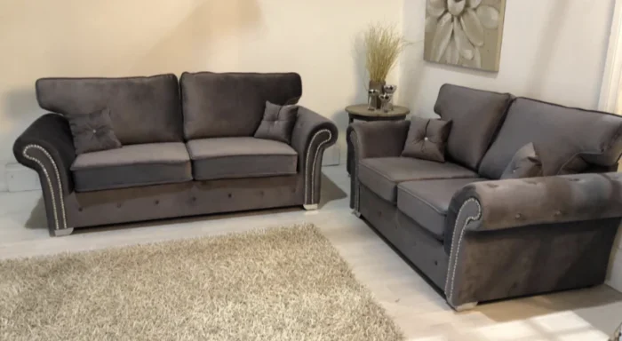 Burton Grey Plush Velvet 3+2 Seater Sofa Set With Button Arms