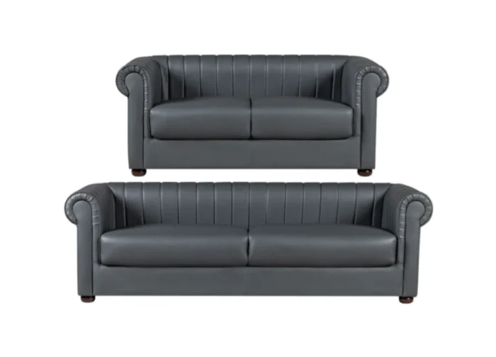 Chesterfield Leather Sofa Set In Black And Grey